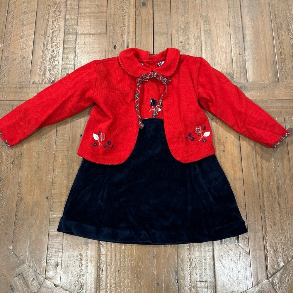 Carriage Boutique Blue Velvet Red Knit Dress And Sweater Set Girls 2-3T Plaid